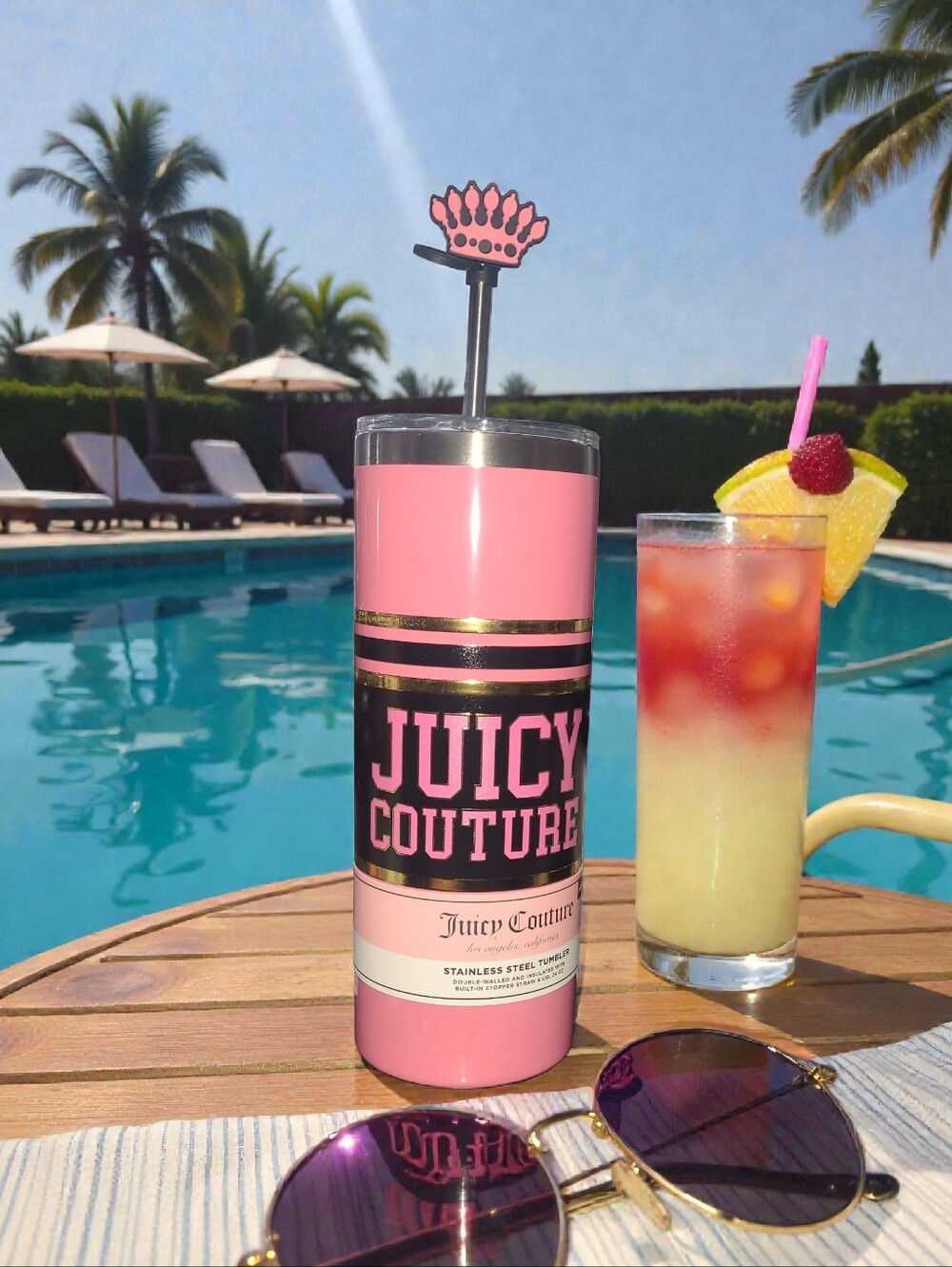 Juicy Couture Pink & Gold Travel Tumbler with Crown Straw Topper